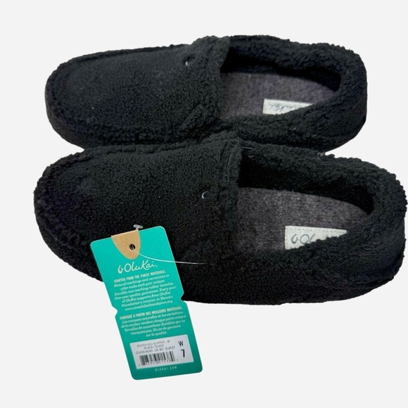 Olukai Slippers Women's 7 Nohea Heu Black Drop Back Slip On Fuzzy shoes NWT - Picture 2 of 6